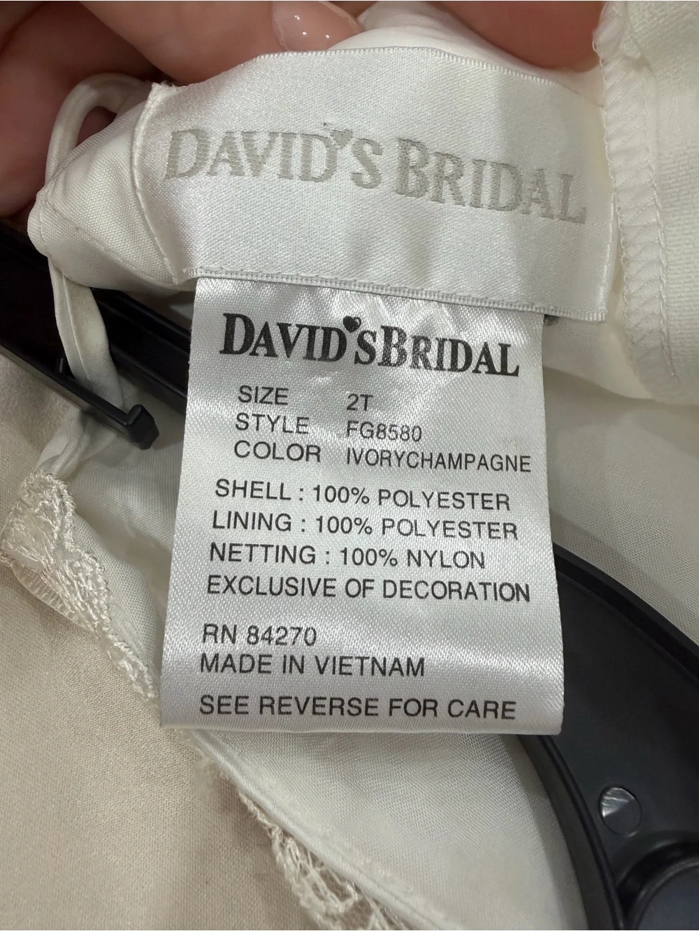 David's Bridal 2T Flower Girl Satin Dress High-Low Train - Ivory/Champagne - Picture 4 of 11